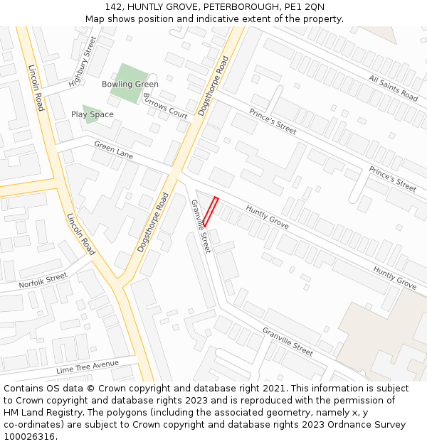 142, HUNTLY GROVE, PETERBOROUGH, PE1 2QN: Location map and indicative extent of plot