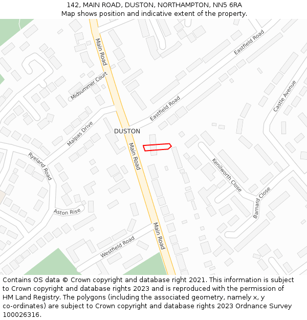 142, MAIN ROAD, DUSTON, NORTHAMPTON, NN5 6RA: Location map and indicative extent of plot
