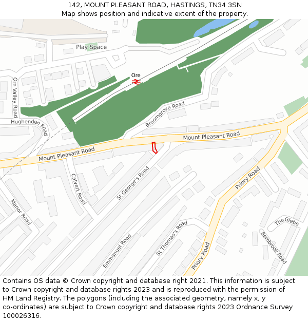 142, MOUNT PLEASANT ROAD, HASTINGS, TN34 3SN: Location map and indicative extent of plot