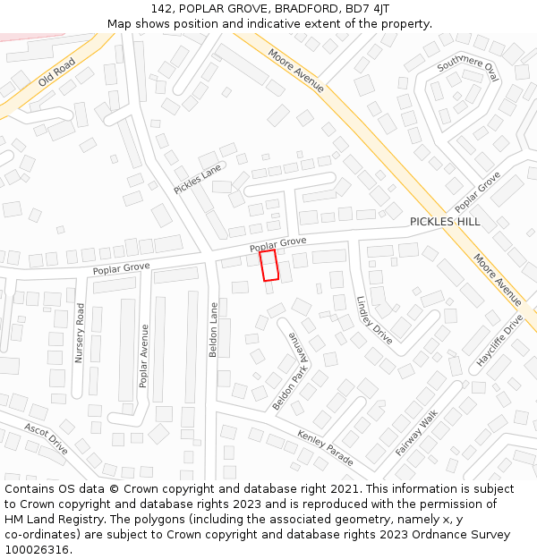142, POPLAR GROVE, BRADFORD, BD7 4JT: Location map and indicative extent of plot