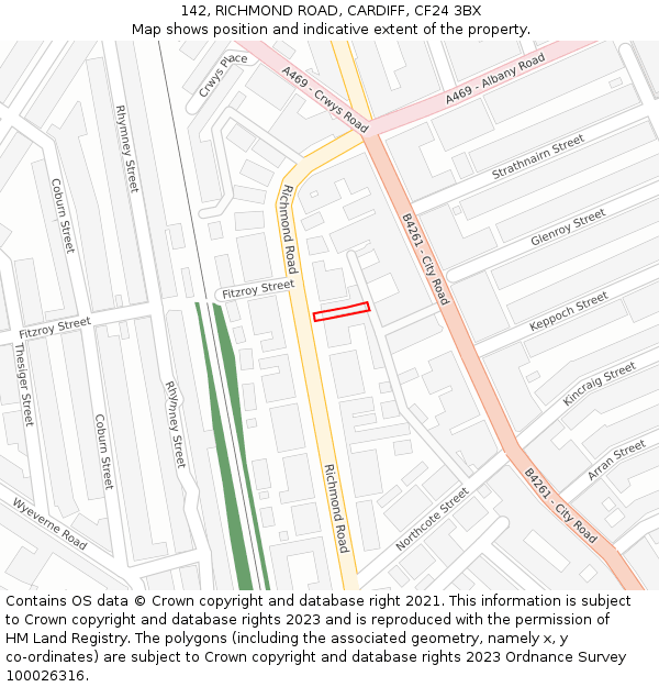 142, RICHMOND ROAD, CARDIFF, CF24 3BX: Location map and indicative extent of plot