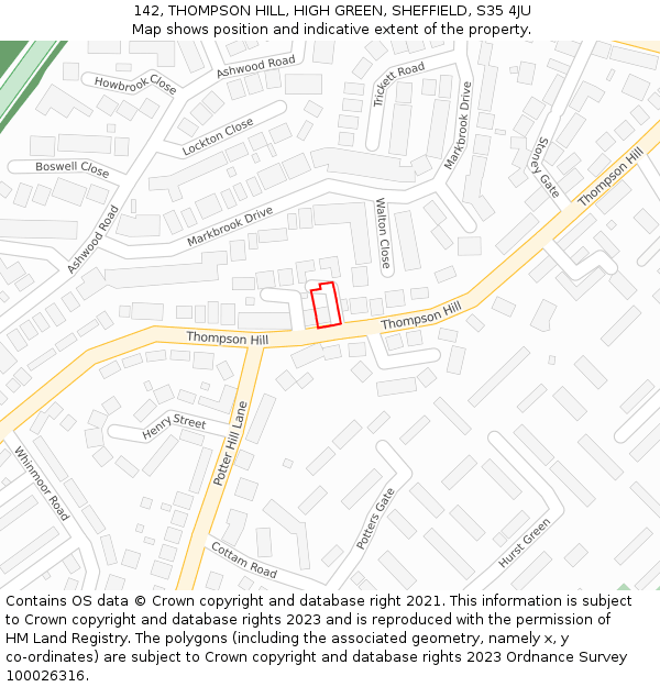 142, THOMPSON HILL, HIGH GREEN, SHEFFIELD, S35 4JU: Location map and indicative extent of plot