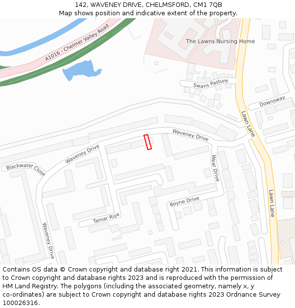 142, WAVENEY DRIVE, CHELMSFORD, CM1 7QB: Location map and indicative extent of plot