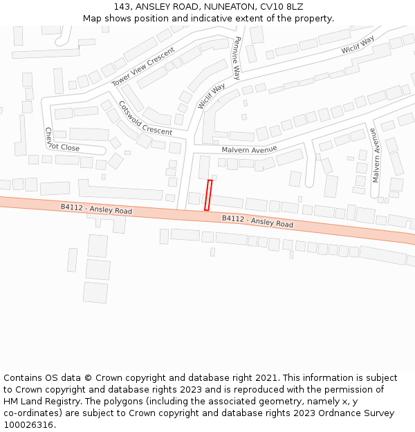 143, ANSLEY ROAD, NUNEATON, CV10 8LZ: Location map and indicative extent of plot