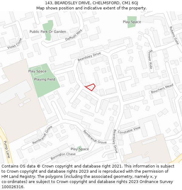 143, BEARDSLEY DRIVE, CHELMSFORD, CM1 6GJ: Location map and indicative extent of plot