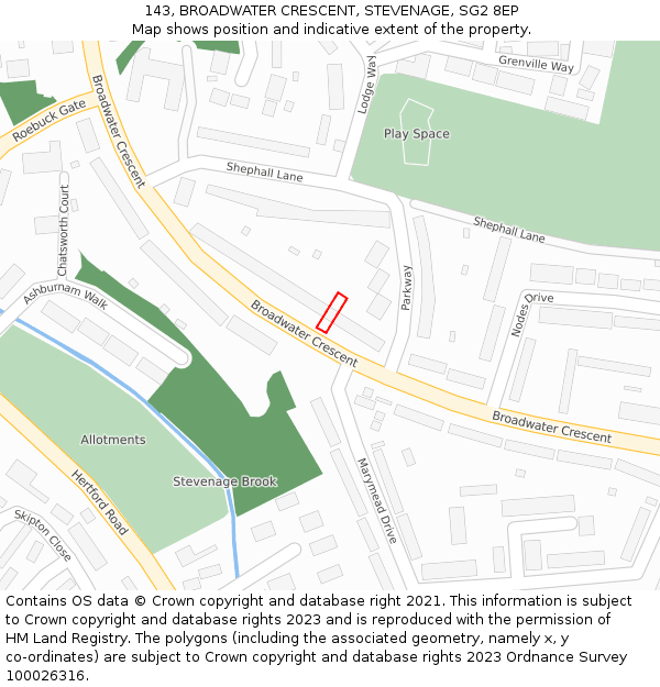 143, BROADWATER CRESCENT, STEVENAGE, SG2 8EP: Location map and indicative extent of plot