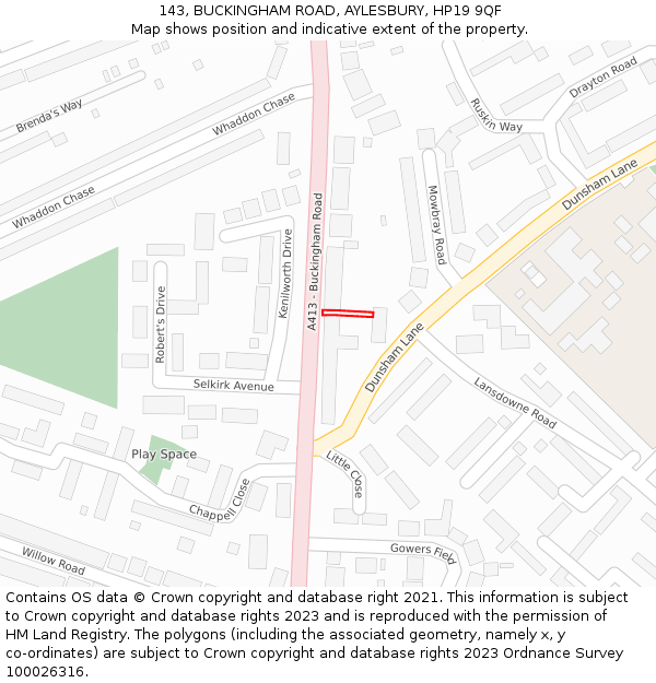143, BUCKINGHAM ROAD, AYLESBURY, HP19 9QF: Location map and indicative extent of plot