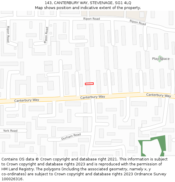 143, CANTERBURY WAY, STEVENAGE, SG1 4LQ: Location map and indicative extent of plot
