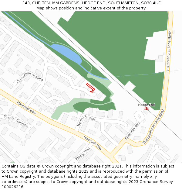 143, CHELTENHAM GARDENS, HEDGE END, SOUTHAMPTON, SO30 4UE: Location map and indicative extent of plot