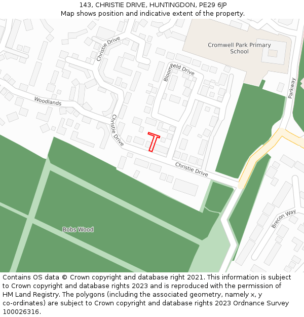 143, CHRISTIE DRIVE, HUNTINGDON, PE29 6JP: Location map and indicative extent of plot
