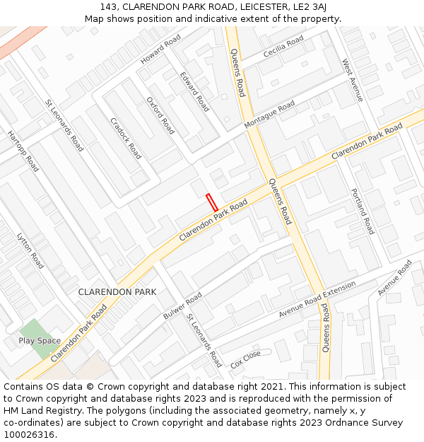 143, CLARENDON PARK ROAD, LEICESTER, LE2 3AJ: Location map and indicative extent of plot