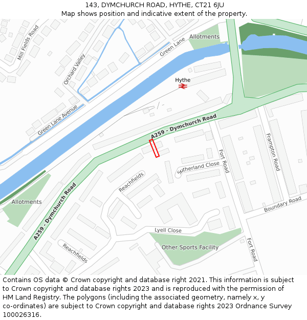 143, DYMCHURCH ROAD, HYTHE, CT21 6JU: Location map and indicative extent of plot