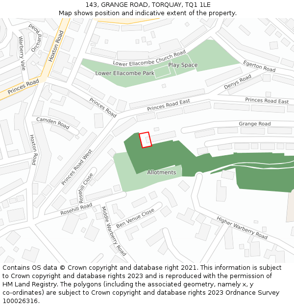 143, GRANGE ROAD, TORQUAY, TQ1 1LE: Location map and indicative extent of plot