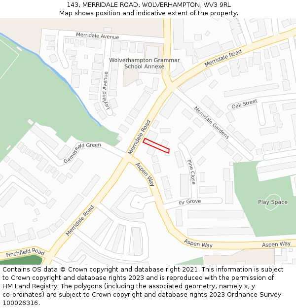 143, MERRIDALE ROAD, WOLVERHAMPTON, WV3 9RL: Location map and indicative extent of plot