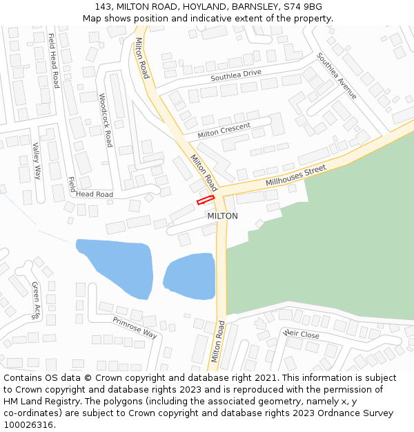 143, MILTON ROAD, HOYLAND, BARNSLEY, S74 9BG: Location map and indicative extent of plot