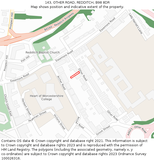 143, OTHER ROAD, REDDITCH, B98 8DR: Location map and indicative extent of plot