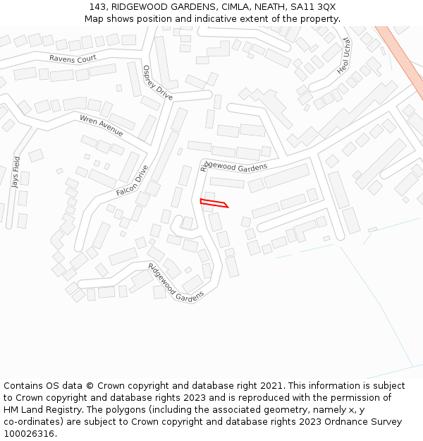 143, RIDGEWOOD GARDENS, CIMLA, NEATH, SA11 3QX: Location map and indicative extent of plot
