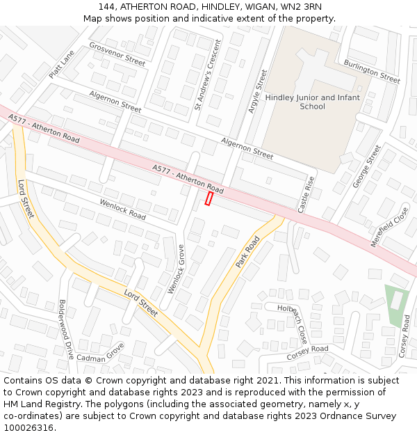 144, ATHERTON ROAD, HINDLEY, WIGAN, WN2 3RN: Location map and indicative extent of plot