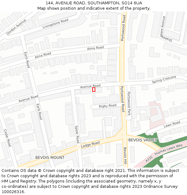 144, AVENUE ROAD, SOUTHAMPTON, SO14 6UA: Location map and indicative extent of plot