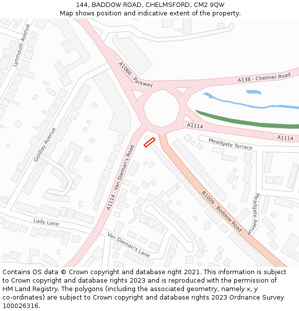 144, BADDOW ROAD, CHELMSFORD, CM2 9QW: Location map and indicative extent of plot