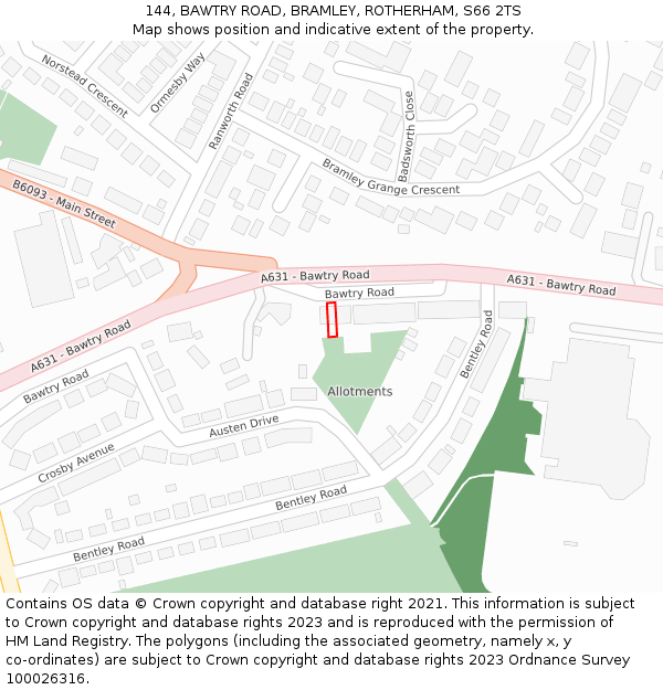 144, BAWTRY ROAD, BRAMLEY, ROTHERHAM, S66 2TS: Location map and indicative extent of plot