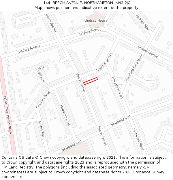 144, BEECH AVENUE, NORTHAMPTON, NN3 2JQ: Location map and indicative extent of plot