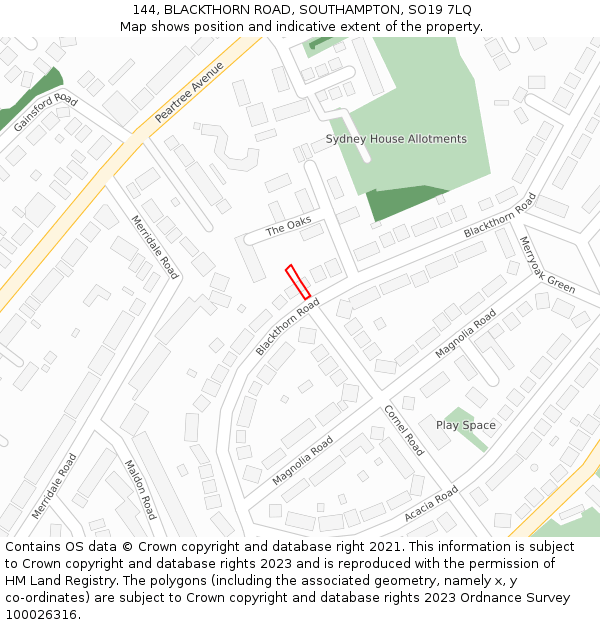 144, BLACKTHORN ROAD, SOUTHAMPTON, SO19 7LQ: Location map and indicative extent of plot