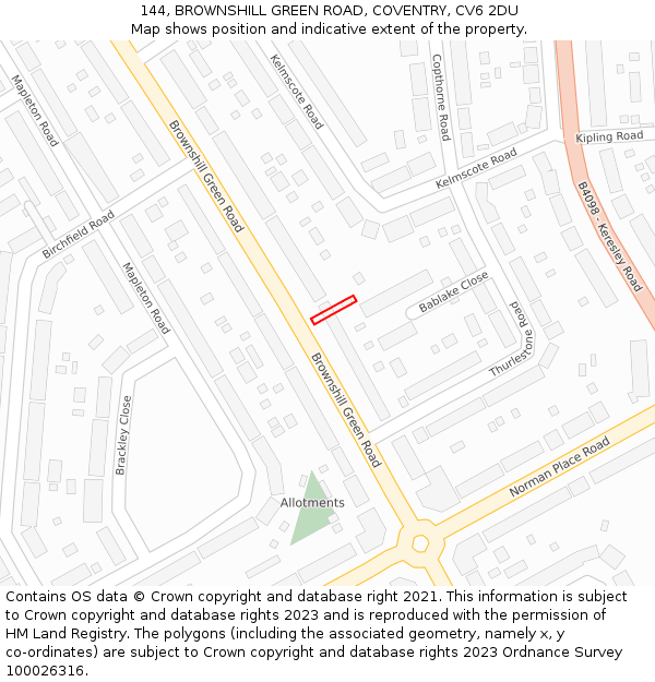 144, BROWNSHILL GREEN ROAD, COVENTRY, CV6 2DU: Location map and indicative extent of plot