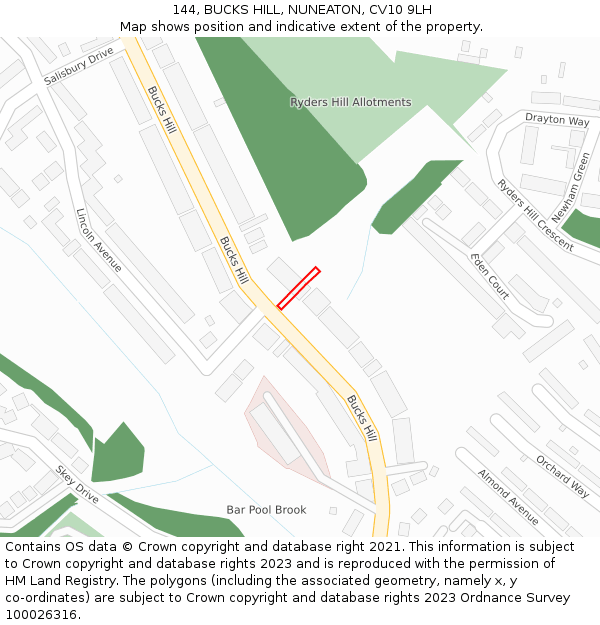 144, BUCKS HILL, NUNEATON, CV10 9LH: Location map and indicative extent of plot