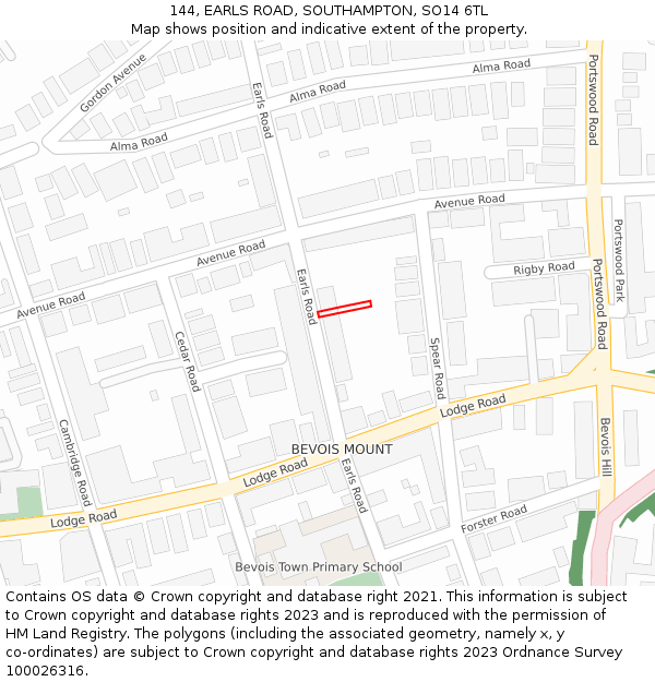 144, EARLS ROAD, SOUTHAMPTON, SO14 6TL: Location map and indicative extent of plot