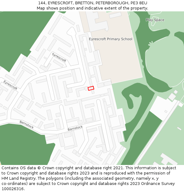 144, EYRESCROFT, BRETTON, PETERBOROUGH, PE3 8EU: Location map and indicative extent of plot