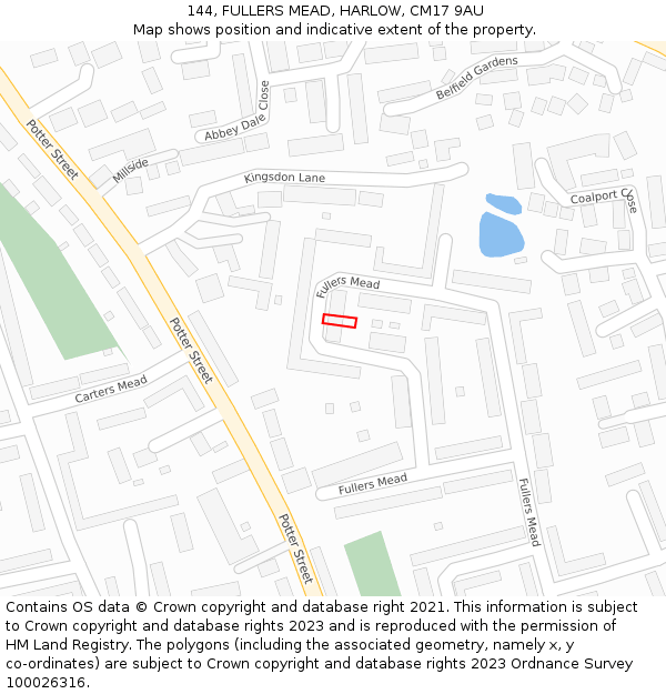 144, FULLERS MEAD, HARLOW, CM17 9AU: Location map and indicative extent of plot