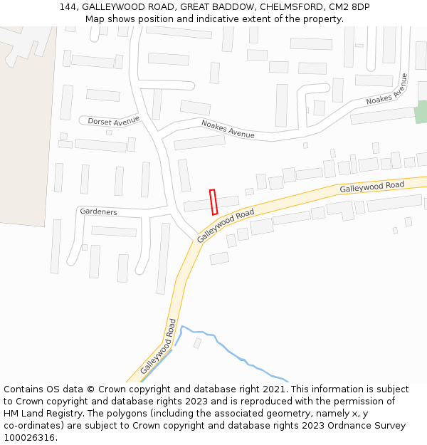 144, GALLEYWOOD ROAD, GREAT BADDOW, CHELMSFORD, CM2 8DP: Location map and indicative extent of plot
