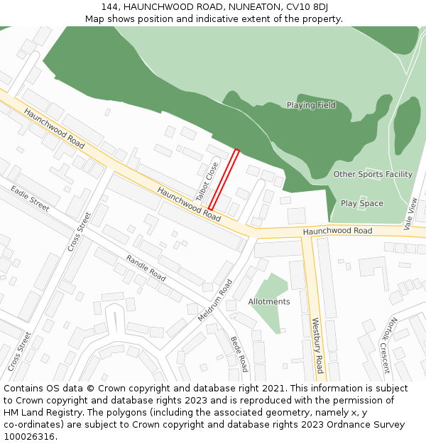 144, HAUNCHWOOD ROAD, NUNEATON, CV10 8DJ: Location map and indicative extent of plot