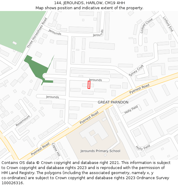 144, JEROUNDS, HARLOW, CM19 4HH: Location map and indicative extent of plot