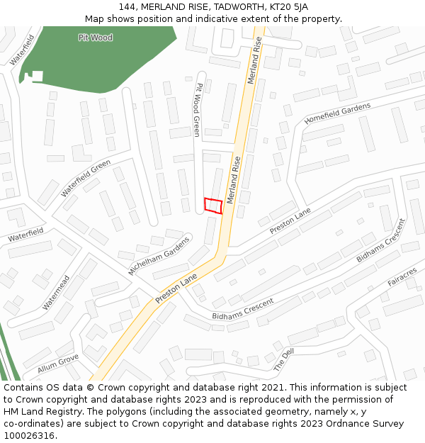 144, MERLAND RISE, TADWORTH, KT20 5JA: Location map and indicative extent of plot