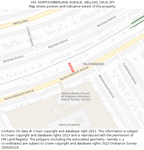 144, NORTHUMBERLAND AVENUE, WELLING, DA16 2PY: Location map and indicative extent of plot
