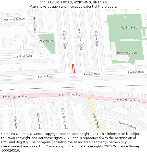 144, PAVILION ROAD, WORTHING, BN14 7EL: Location map and indicative extent of plot
