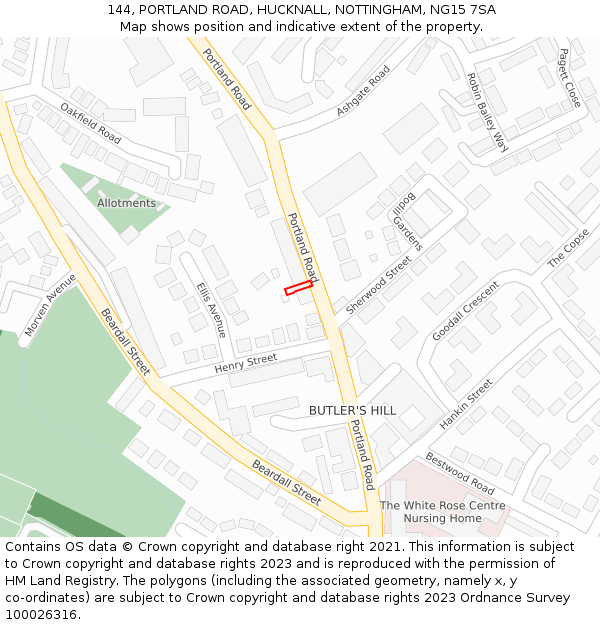 144, PORTLAND ROAD, HUCKNALL, NOTTINGHAM, NG15 7SA: Location map and indicative extent of plot