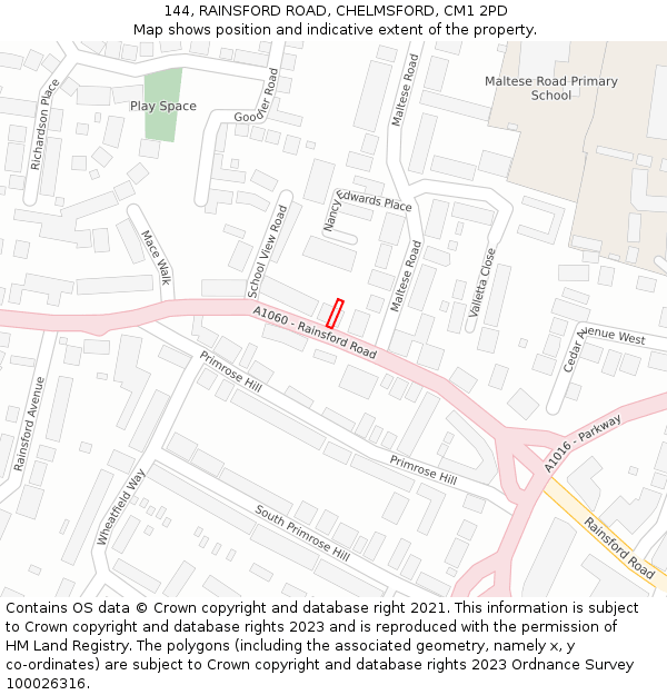 144, RAINSFORD ROAD, CHELMSFORD, CM1 2PD: Location map and indicative extent of plot