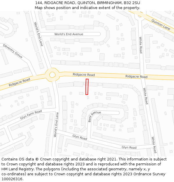 144, RIDGACRE ROAD, QUINTON, BIRMINGHAM, B32 2SU: Location map and indicative extent of plot
