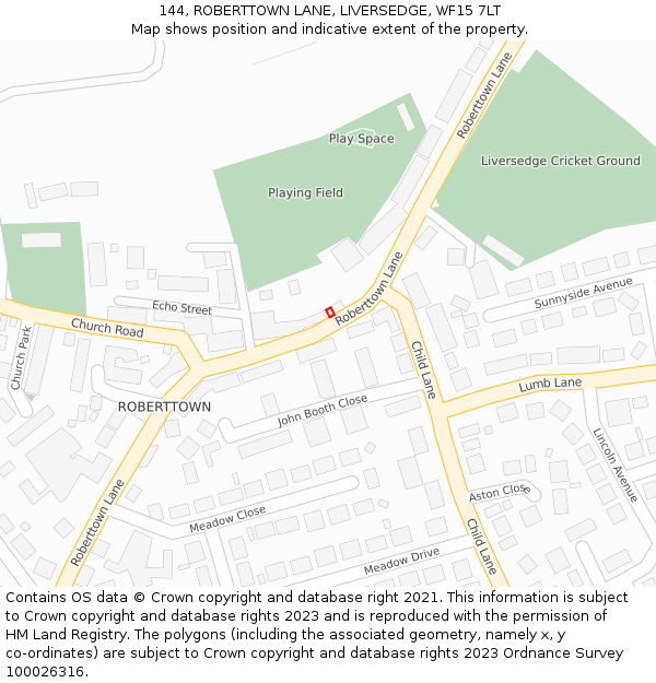 144, ROBERTTOWN LANE, LIVERSEDGE, WF15 7LT: Location map and indicative extent of plot