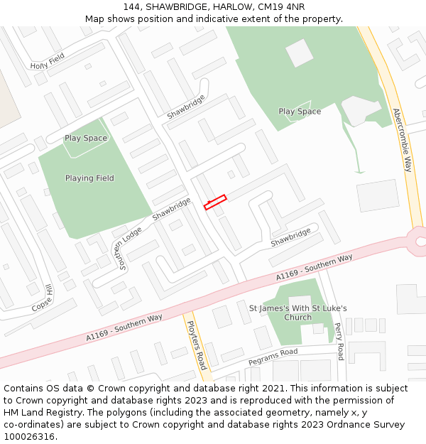 144, SHAWBRIDGE, HARLOW, CM19 4NR: Location map and indicative extent of plot