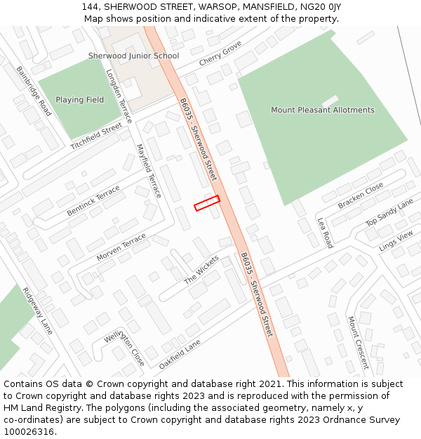 144, SHERWOOD STREET, WARSOP, MANSFIELD, NG20 0JY: Location map and indicative extent of plot