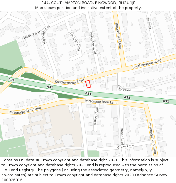 144, SOUTHAMPTON ROAD, RINGWOOD, BH24 1JF: Location map and indicative extent of plot