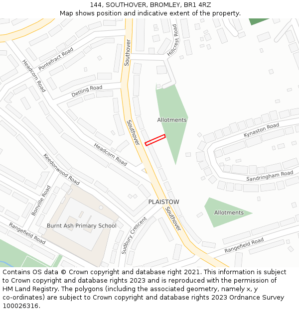 144, SOUTHOVER, BROMLEY, BR1 4RZ: Location map and indicative extent of plot