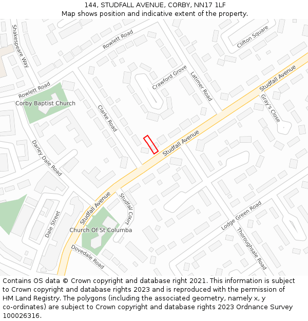 144, STUDFALL AVENUE, CORBY, NN17 1LF: Location map and indicative extent of plot