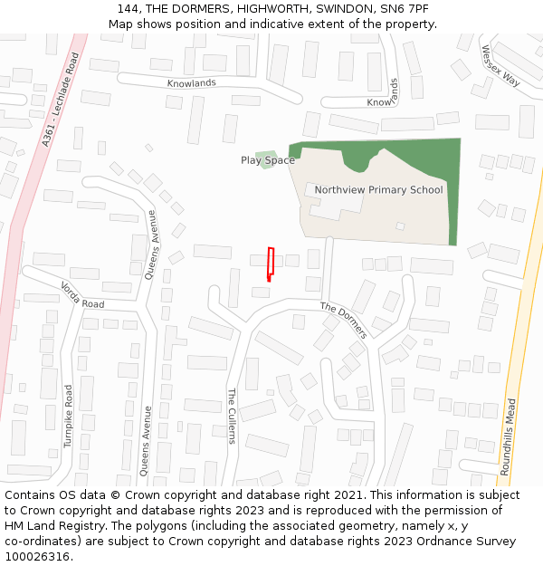 144, THE DORMERS, HIGHWORTH, SWINDON, SN6 7PF: Location map and indicative extent of plot
