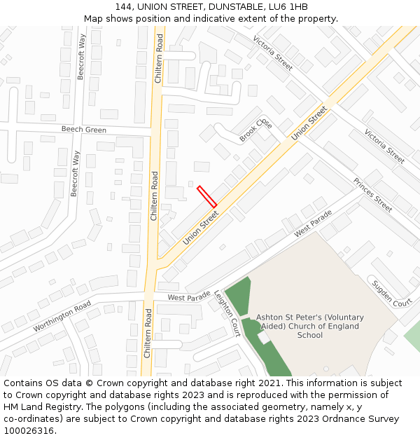 144, UNION STREET, DUNSTABLE, LU6 1HB: Location map and indicative extent of plot