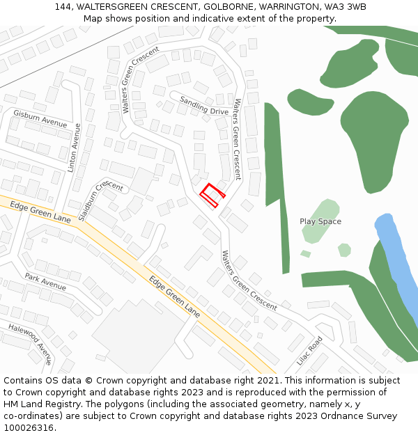 144, WALTERSGREEN CRESCENT, GOLBORNE, WARRINGTON, WA3 3WB: Location map and indicative extent of plot